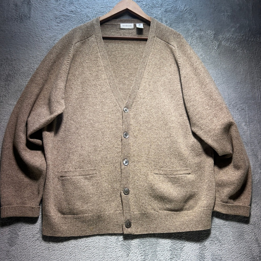 Jacobson's Mens Vintage 100% Lambswool Cardigan Sweater Tan Brown Large Woolmark